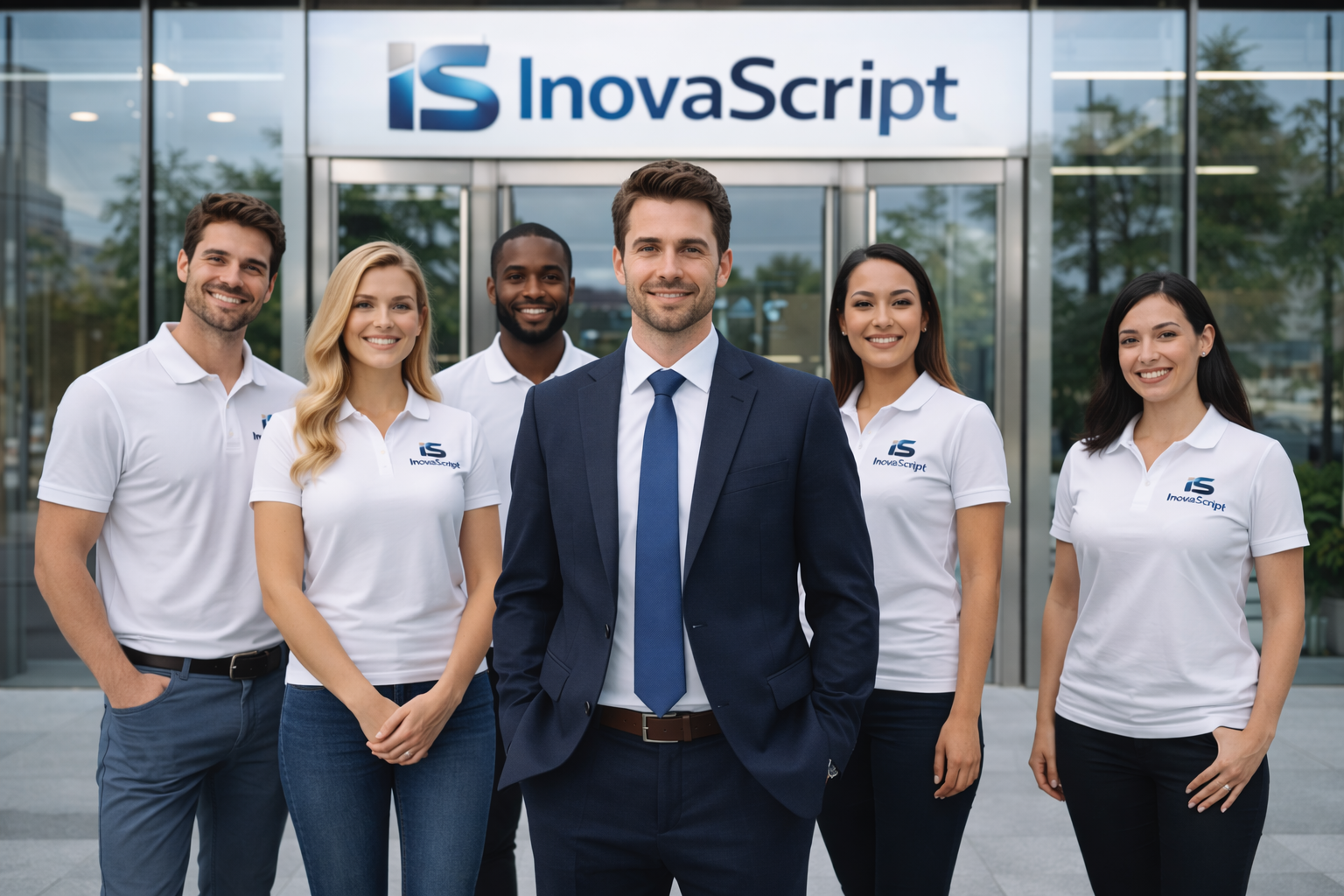Equipe da InovaScript em frente à empresa